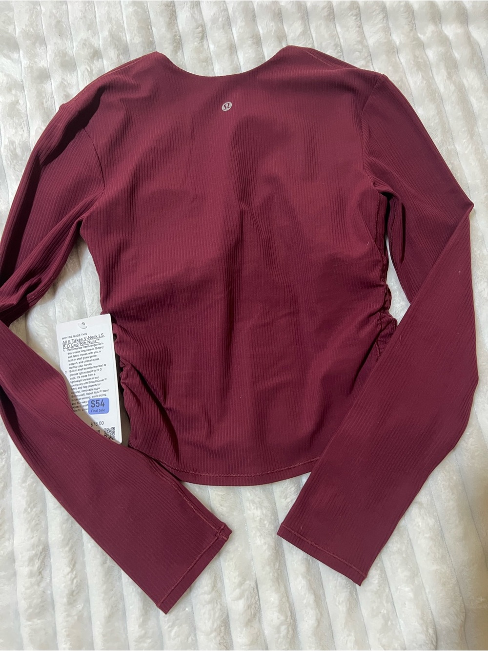 Lululemon All It Takes V-Neck Long Sleeve Ribbed Nulu Top Size 6 Burgundy NWT - Picture 5 of 6